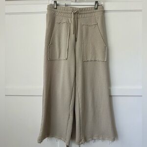 Z Supply Cream Dune Cozy Wide Leg Raw Hem Cropped Sweatpants